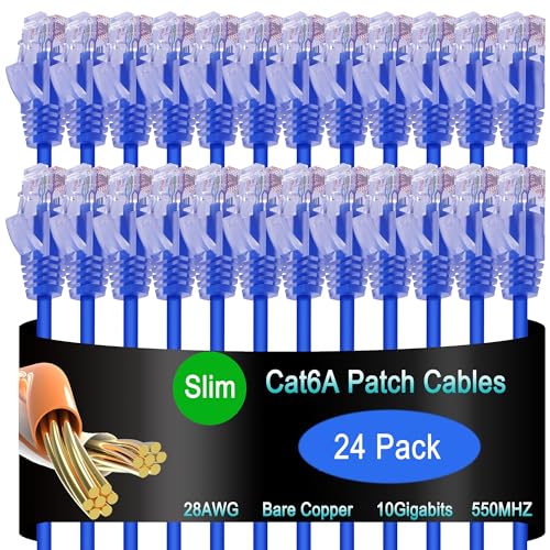 Lysymixs Cat6a Slim Ethernet Patch Cable 0.5 ft (24 Pack), Cat6a Patch Cable for Data Centers, Cat 6 Cable 10G, Network Patch Cables for Home and Enterprise Network -Blue - Image 1