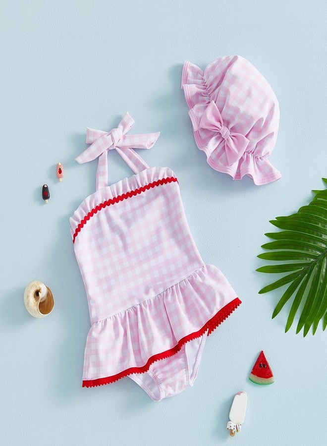 Yccutest Baby Girl Bathing Suit One Piece Swimsuit Toddler Girl Bikini Tankini Ruffle Plaid Halter Swimwear Baby Swim Suits (Pink, 18-24 Months) - Image 3