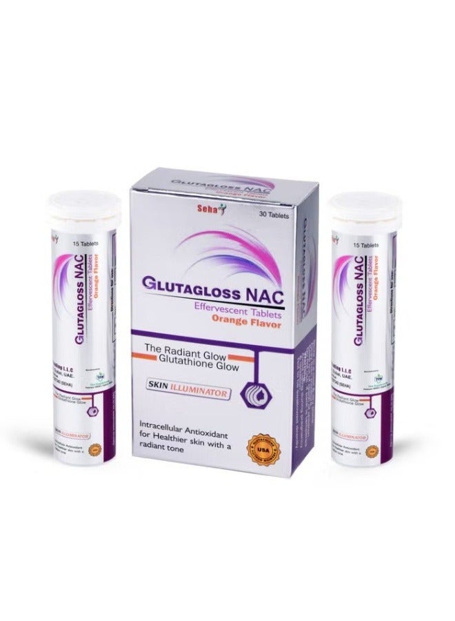 Seha Glutagloss NAC Orange Flavored Effervescent Tablets, Pack of 30's - Image 1