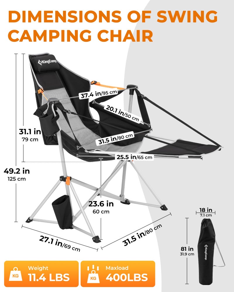 KingCamp Hammock Chair with Footrest â€“ Heavy Duty Swinging Rocking Camping Chairs for Adults up to 400lbs, Folding Portable Oversized Rocker with Cup Holder & Pillow for Outdoor Beach Lawn RV Sports - Image 3