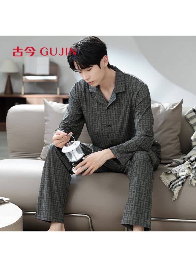 Gujin Men's Pajamas Spring And Autumn Pure Cotton Long Sleeve Long Pants Lapel Cardigan  New Comfortable Homewear Suitable For Outdoor Wear