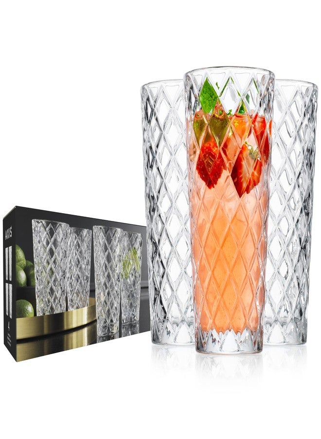 Glaver's Drinking Glasses Set of 4. Tall Highball Glasses. 14oz. Textured Diamond Cut Elegant Drinking Glass Cups - Kitchen Glassware for Water, Iced Tea, Juice, Cocktail. - Image 1