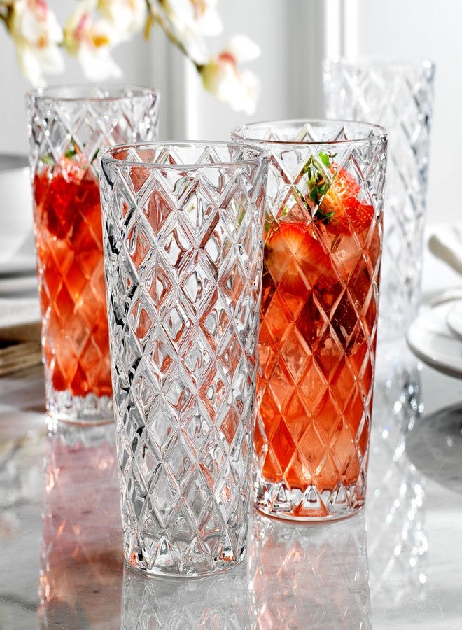 Glaver's Drinking Glasses Set of 4. Tall Highball Glasses. 14oz. Textured Diamond Cut Elegant Drinking Glass Cups - Kitchen Glassware for Water, Iced Tea, Juice, Cocktail. - Image 2