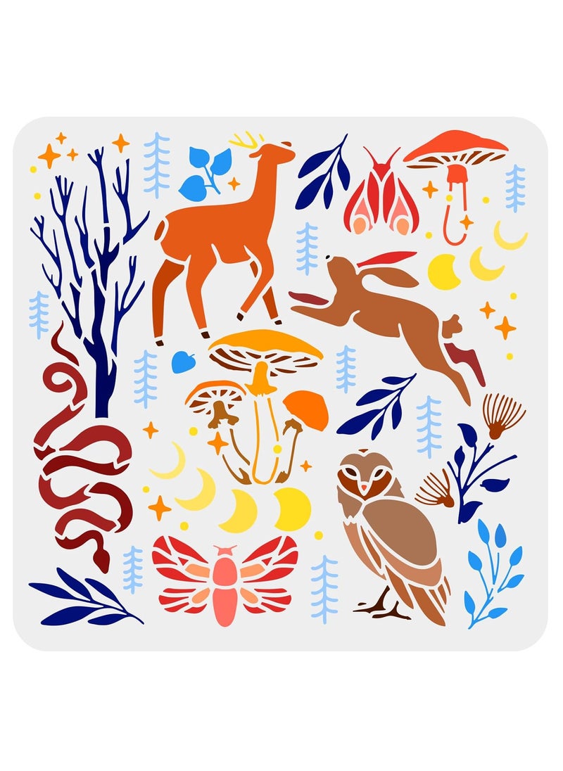 FINGERINSPIRE FINGERINSPIRE Magic Forest Stencil 11.8x11.8inch Plastic Forest Animals Painting Stencil Owl Deer Rabbit Snake Moth Drawing Template Mushroom Grass Flower Moon Stars Painting Stencil Home Decoration 