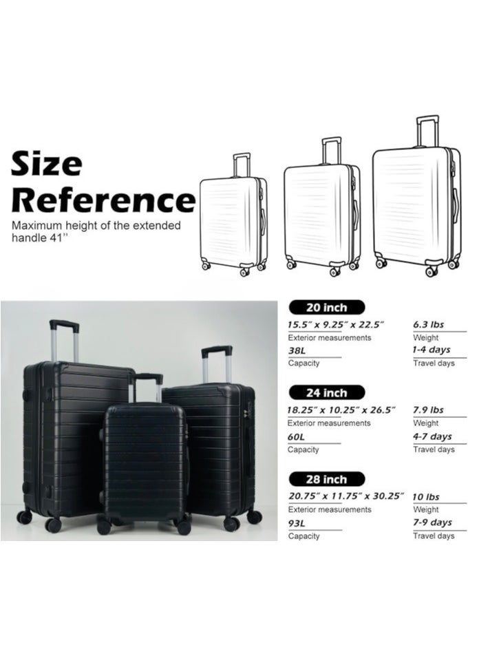 SAW & SEE Premium Hard Shell Luggage Set  – 3-Piece Durable Strong Suitcase Set, Lightweight ABS Trolley Bags with Smooth Rotating Spinner Wheels, Security Combination Lock, Telescopic Handle, Traveling Bag Suitcases – 20" / 24" / 28" – BLACK  - Image 3