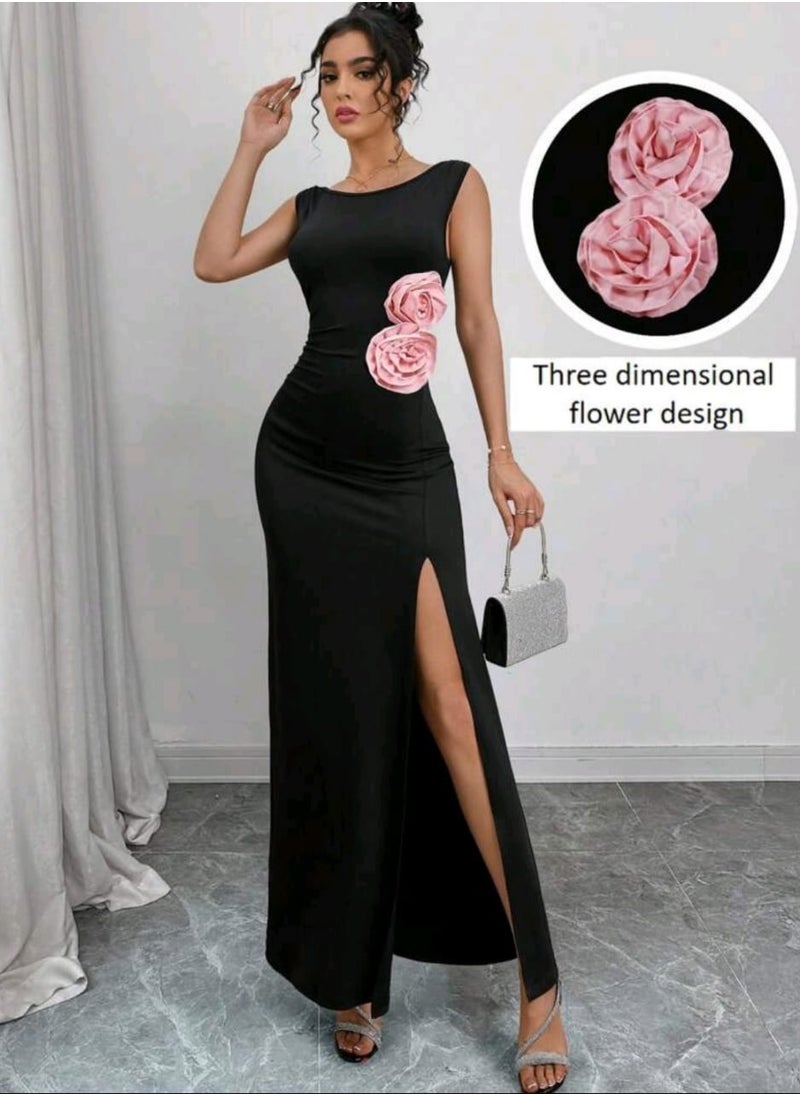 Shein SHEINHigh Slit Sleeveless Bodycon Dress With Floral Decor, EleganT  - Image 1