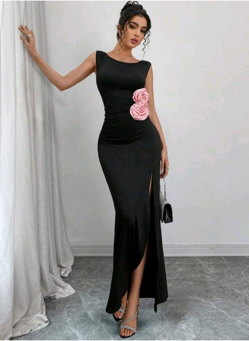 Shein SHEINHigh Slit Sleeveless Bodycon Dress With Floral Decor, EleganT  - Image 3