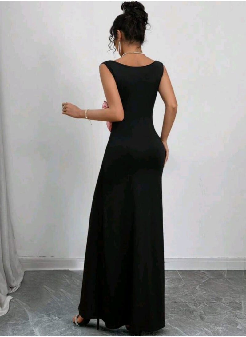 Shein SHEINHigh Slit Sleeveless Bodycon Dress With Floral Decor, EleganT  - Image 4