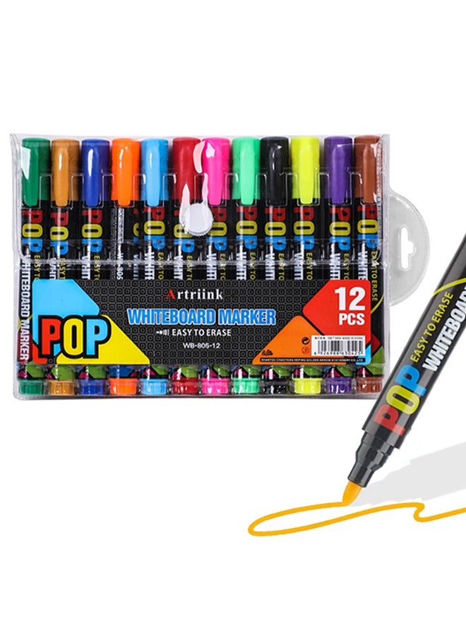 أقلام تحديد للسبورة البيضاء، 12 قطعة، أقلام تحديد قابلة للمسح مع قبضة مريحة، تقلل من إجهاد اليد، مثالية لرسم الأطفال واجتماعات المكتب والتدريس - Image 1