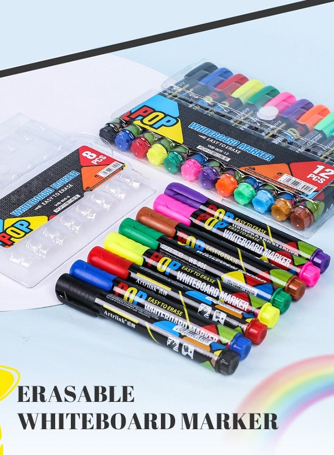 أقلام تحديد للسبورة البيضاء، 12 قطعة، أقلام تحديد قابلة للمسح مع قبضة مريحة، تقلل من إجهاد اليد، مثالية لرسم الأطفال واجتماعات المكتب والتدريس - Image 2