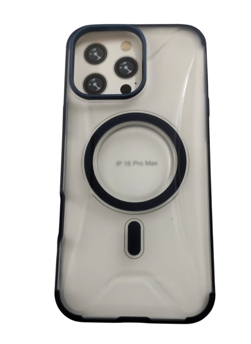 Shockproof Leather Phone Case with Wireless Charger Magsafe Case for iPhone 16 Pro Max Black/Clear