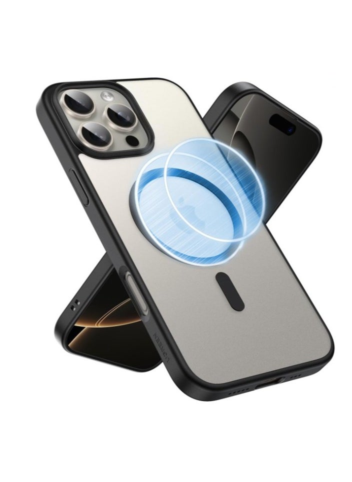 Shockproof Leather Phone Case with Wireless Charger Magsafe Case for iPhone 16 Pro Max Black/Clear
