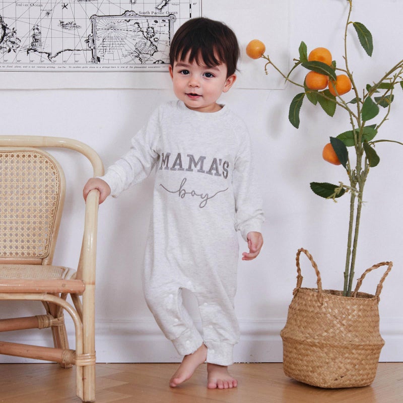 FOCUSNORM Newborn Baby Boy Fall Outfit Mamas Boy Embroidery Jumpsuit Long Sleeve Crewneck Romper Infant Boy Winter Clothes (Mamas Boy Gray, 0-3 Months) - Image 2
