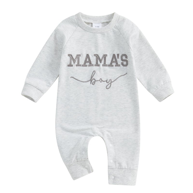 FOCUSNORM Newborn Baby Boy Fall Outfit Mamas Boy Embroidery Jumpsuit Long Sleeve Crewneck Romper Infant Boy Winter Clothes (Mamas Boy Gray, 0-3 Months) - Image 1
