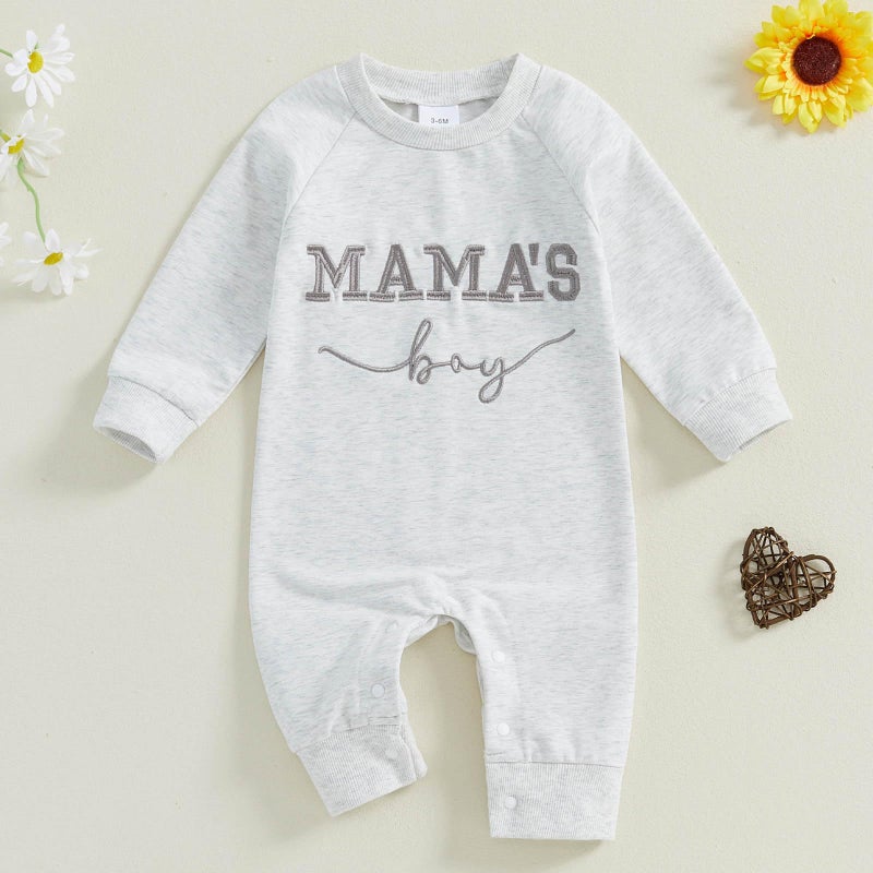 FOCUSNORM Newborn Baby Boy Fall Outfit Mamas Boy Embroidery Jumpsuit Long Sleeve Crewneck Romper Infant Boy Winter Clothes (Mamas Boy Gray, 0-3 Months) - Image 5
