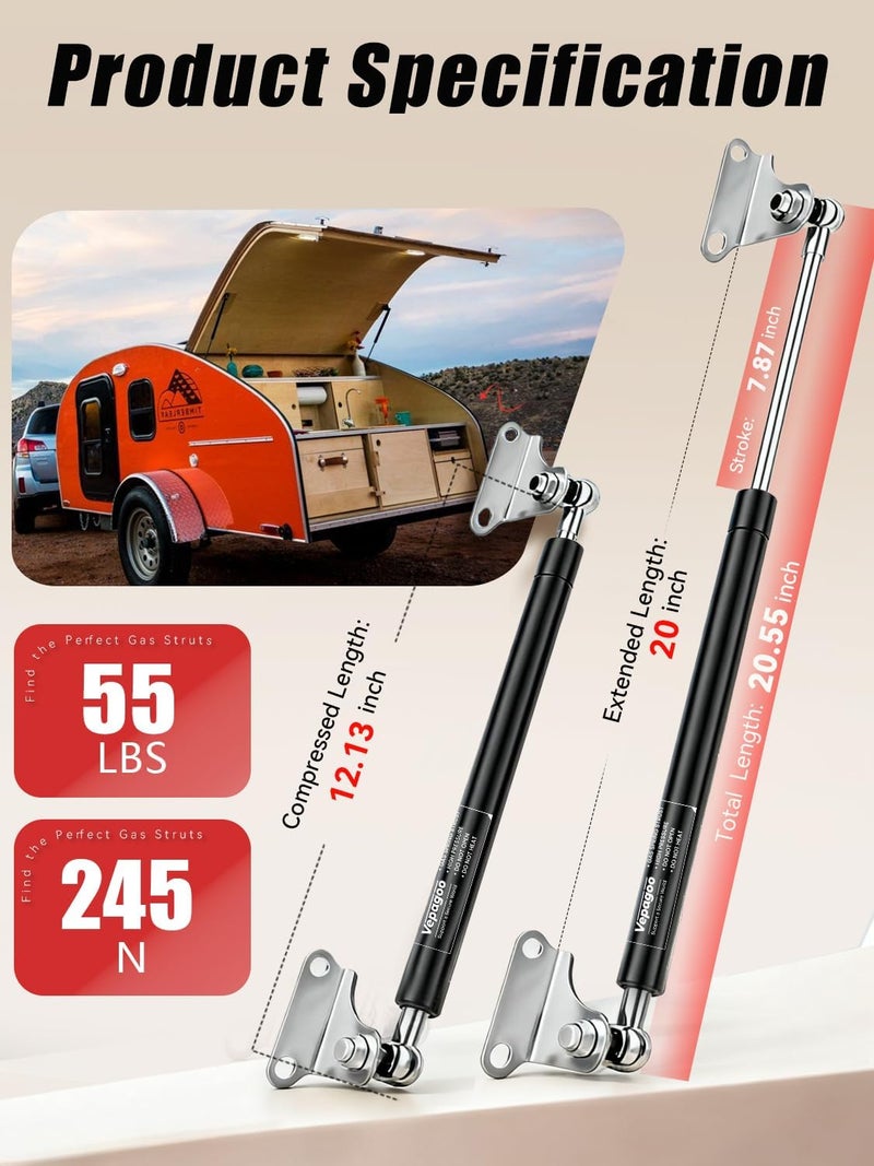 Vepagoo Gas Struts 20 Inch 55Lb/245N Shock for Heavy Lid - RV Bed Lift Support Kit (2pcs) - Image 2