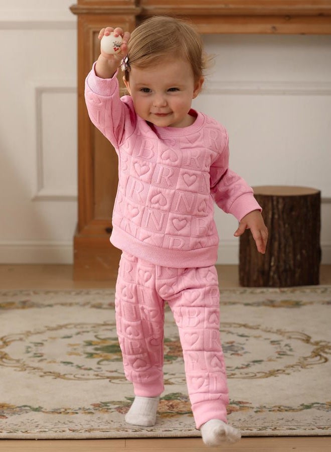 Jecson Toddler Baby Girl Clothes: Soft Warm Outfits Set Quilted Heart Sweatshirt & Pants Cute Fall Winter Home Out 2Pcs 3M-4T, Pink, 2-3 Years - Image 3