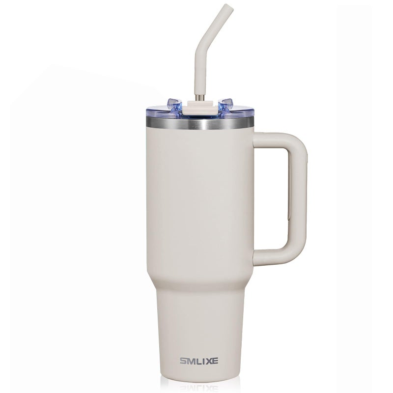 40 oz Tumbler With Handle and Straw Lid Vacuum Insulated Travel Coffee Mug Stainless Steel Insulated Cup for Beverages Leakproof Cupholder Friendly Beige
