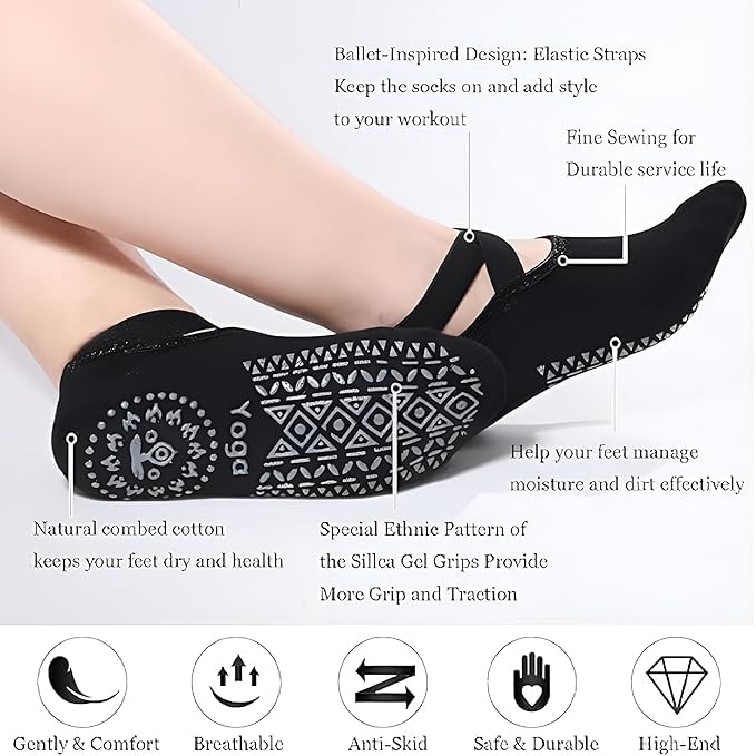 Fennec Mart Yoga Socks for Women with Non-Slip Grips & Straps Ideal for Pilates, Barre, Ballet, Dance & Barefoot Workouts (Black) (IN, Alpha, Free Size, 2, Black) - Image 2