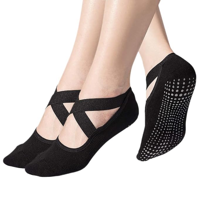 Fennec Mart Yoga Socks for Women with Non-Slip Grips & Straps Ideal for Pilates, Barre, Ballet, Dance & Barefoot Workouts (Black) (IN, Alpha, Free Size, 2, Black) - Image 1
