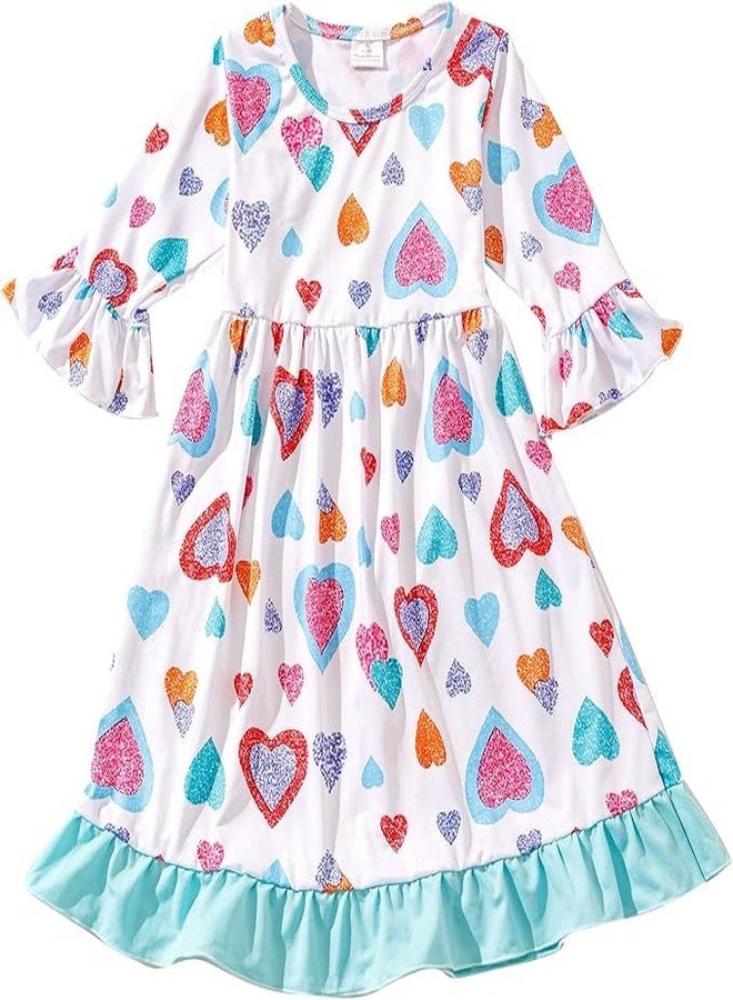 DACSOIT Valentines Toddler Girl Dress Love Hearts Print Ruffle Long Sleeve Casual Dress 3-8Y, Starry Sky Love, 6-7 Years - Image 3