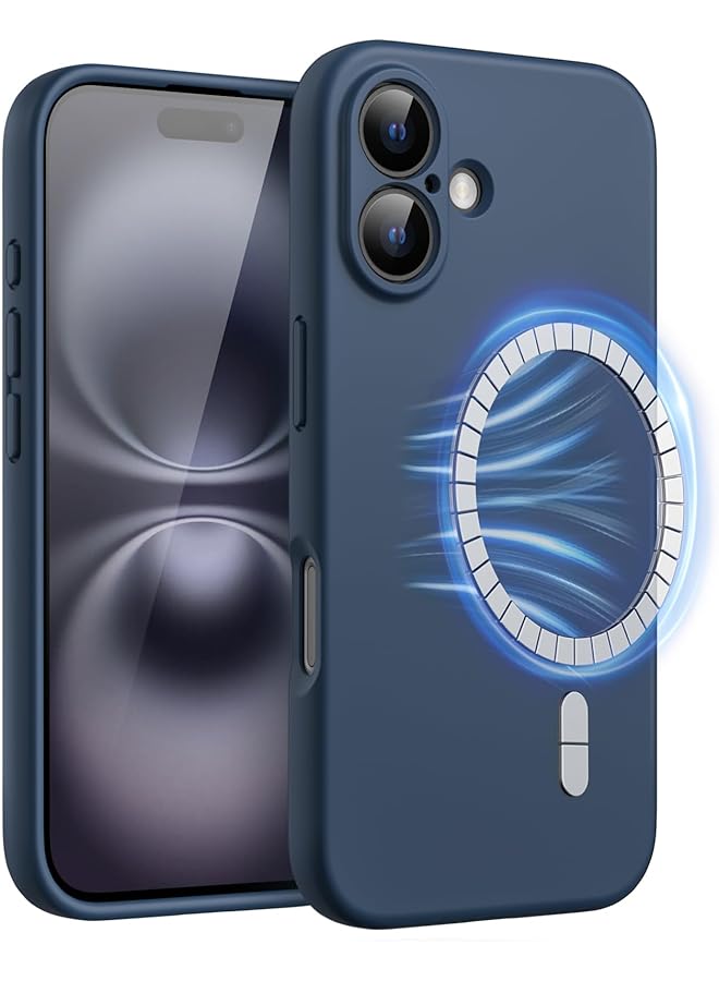 جي تيك جراب سيليكون مغناطيسي لهاتف آيفون 16 مقاس 6.1 بوصة متوافق مع ماج سيف، جراب هاتف ناعم حريري ممتص للصدمات مع عدسة كاميرا حماية كاملة أزرق داكن - Image 1