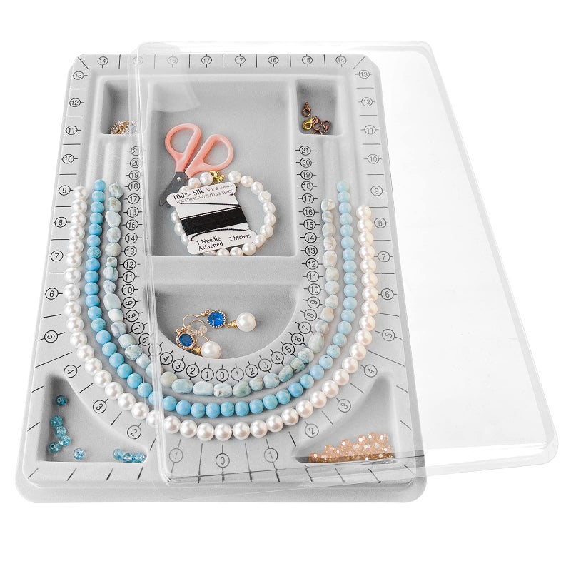 INDIVSHOW The Bead Board with Clear CoverGrey Flocked6 Recessed Compartments3 UShaped ChannelsDesign Boards for Jewelry Bracelet Necklace Making DIY