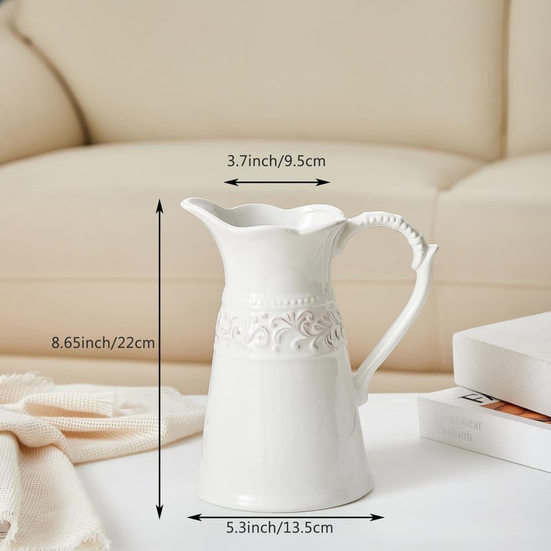 OTARTU White Ceramic Pitcher Vase, Flower Pitcher,Farmhouse vase for Home DÃ©cor, 8.5inch Jug Vase. - Image 2