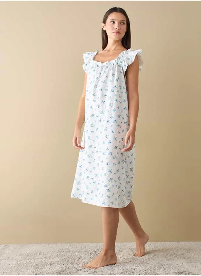 FAV Floral Print Sleepshirt with Ruffle Detail