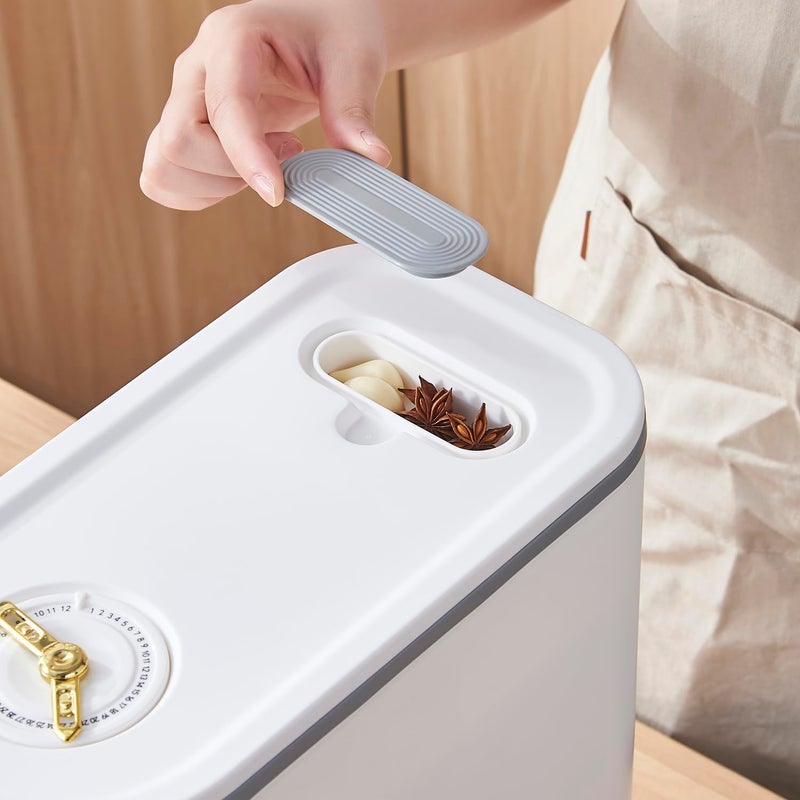 Sooyee 11 Lbs Rice Container, Large Grain Container Storage with Lid Measuring Cylinder Moisture Proof Household Cereal Dispenser Bucket for Kitchen Soybean Corn,White and Grey - Image 5