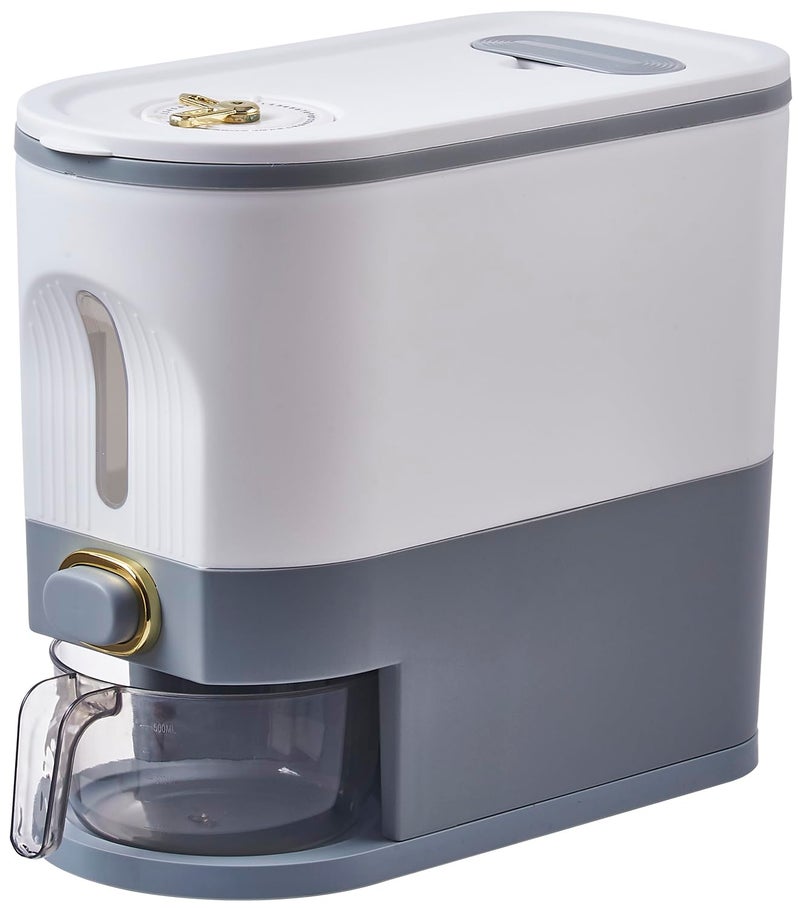 Sooyee 11 Lbs Rice Container, Large Grain Container Storage with Lid Measuring Cylinder Moisture Proof Household Cereal Dispenser Bucket for Kitchen Soybean Corn,White and Grey - Image 1