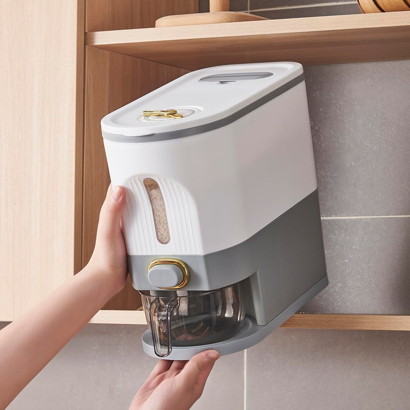 Sooyee 11 Lbs Rice Container, Large Grain Container Storage with Lid Measuring Cylinder Moisture Proof Household Cereal Dispenser Bucket for Kitchen Soybean Corn,White and Grey - Image 4