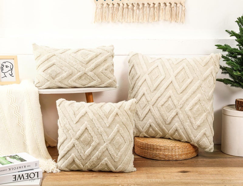 DRNOU Set of 2 Faux Fur Beige Throw Pillow Covers 20x20 Soft Checkborad Pattern Decorative Boho Pillow Cover Case Cushion Cover for Sofa Couch Bed Livingroom Farmhouse Modern Accent - Image 4