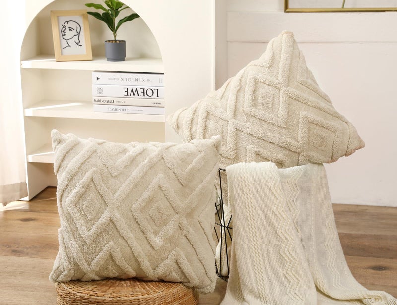 DRNOU Set of 2 Faux Fur Beige Throw Pillow Covers 20x20 Soft Checkborad Pattern Decorative Boho Pillow Cover Case Cushion Cover for Sofa Couch Bed Livingroom Farmhouse Modern Accent - Image 2