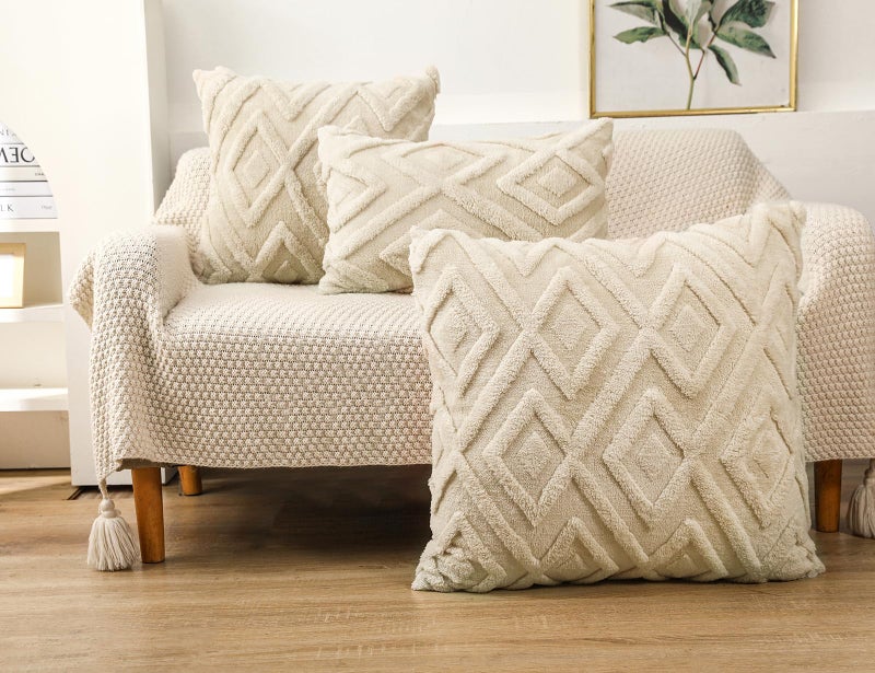 DRNOU Set of 2 Faux Fur Beige Throw Pillow Covers 20x20 Soft Checkborad Pattern Decorative Boho Pillow Cover Case Cushion Cover for Sofa Couch Bed Livingroom Farmhouse Modern Accent - Image 3