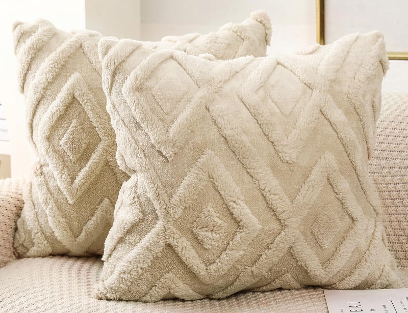 DRNOU Set of 2 Faux Fur Beige Throw Pillow Covers 20x20 Soft Checkborad Pattern Decorative Boho Pillow Cover Case Cushion Cover for Sofa Couch Bed Livingroom Farmhouse Modern Accent - Image 1