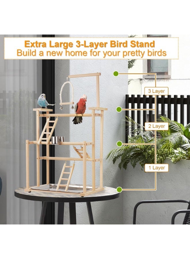 XICEN Pet Parrot Playstand Parrots Bird Playground Bird Play Stand Wood Perch Gym Playpen Ladder with Feeder Cups Bells for Cockatiel Parakeet  (45*31*80cm) - Image 3