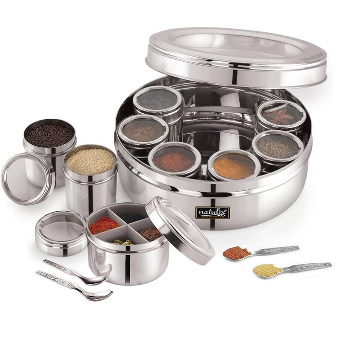 STAINLESS STEEL 12 IN 1 MASALA BOX FOR KITCHEN SPICE BOX FOR KITCHEN MASALA CONTAINER MASALA DABBA WITH INDIVIDUAL SEE THROUGH LID 4 SPOONS SILVER 25 LTR XLARGE 225CM