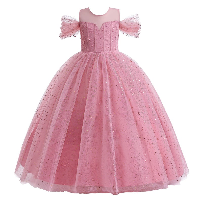 Glamulice Flower Girls Party Dress Dusty Pink Lace Cold Shoulder Formal Princess Sparkle Tulle Vintage Pageant Dresses Dance Prom Photo Shoot Maxi Gown Birthday Wedding Bridesmaid Ball Gown 5 6 - Image 1