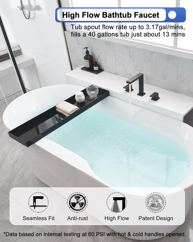 Heymytap صنبور حوض استحمام عالي التدفق، صنبور حوض استحمام روماني، صنبور حوض أسود، مجموعة صنبور حوض استحمام من النحاس الصلب، 2 مقبض، صنابير حوض الاستحمام، سطح جبل هادئ، صنبور أطول يصل إلى 5.3 بوصة، لا تسربات - Image 2