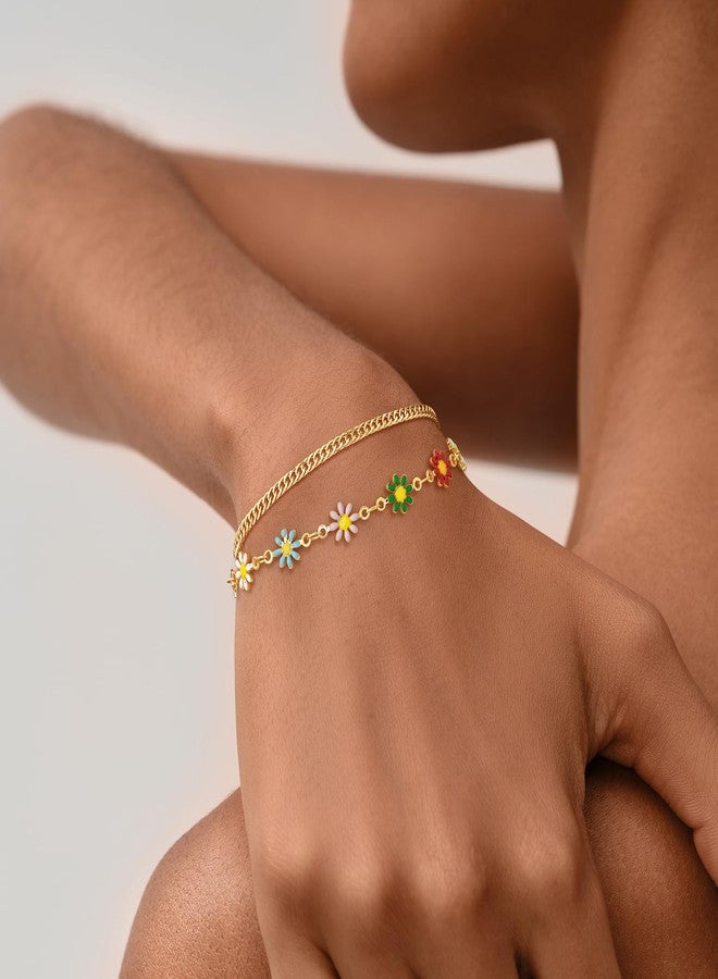 MEVECCO Gold Daisy Bracelets for Women Non Tarnish 14K Gold Plated Simple Flower Dainty Boho Chain Link Bracelet - Image 3