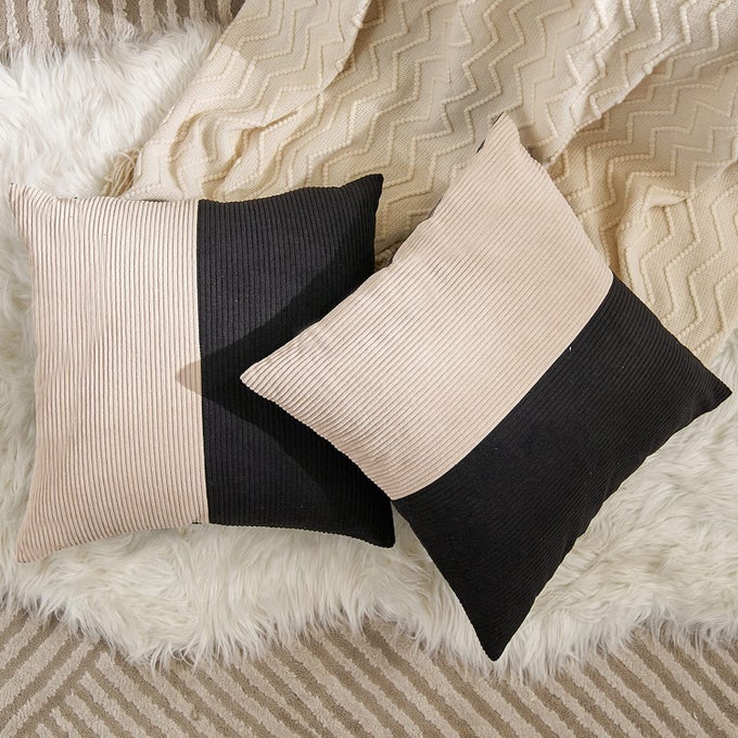 Pack of 2 Black Beige Pathwork Corduroy Cushion Cases Luxury Modern Square 20 x 20 Inch Throw Pillow Covers Decorative Pillow for Couch Living Room Bedroom Car 50 x 50cm