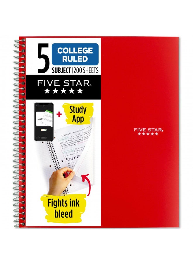 Five Star Spiral Notebook + Study App, 5 Subject, College Ruled Paper, Fights Ink Bleed, Water Resistant Cover, 8-1/2" x 11", 200 Sheets, Color Will Vary (06208) - Image 1
