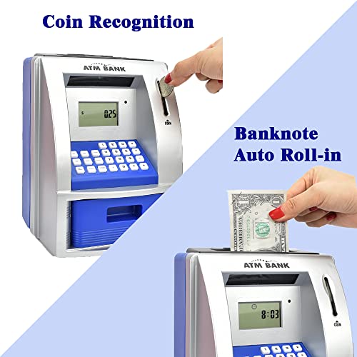 LIKE Toy Talking ATM Bank ATM Machine Savings Bank for Kids –Works like a Real one- Deposit, Withdraw, Debit Card, Saving Target, Timer and Clock - Blue - Image 3