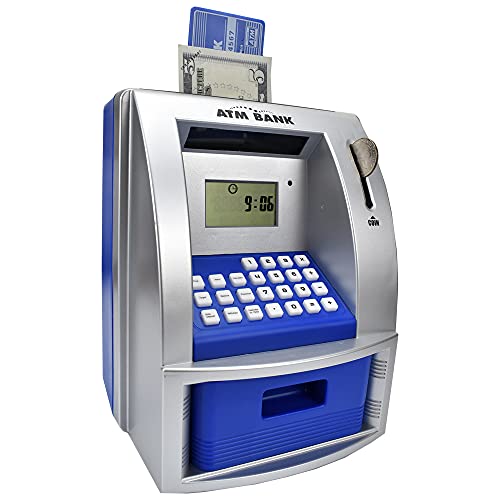 LIKE Toy Talking ATM Bank ATM Machine Savings Bank for Kids –Works like a Real one- Deposit, Withdraw, Debit Card, Saving Target, Timer and Clock - Blue - Image 1