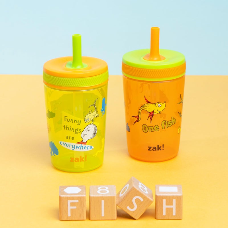 Zak Designs Dr. Seuss Kelso Toddler Cups For Travel or At Home, 15oz 2-Pack Durable Plastic Sippy Cups With Leak-Proof Design is Perfect for Kids (One Fish, Two Fish, Red Fish, Blue Fish) - Image 2