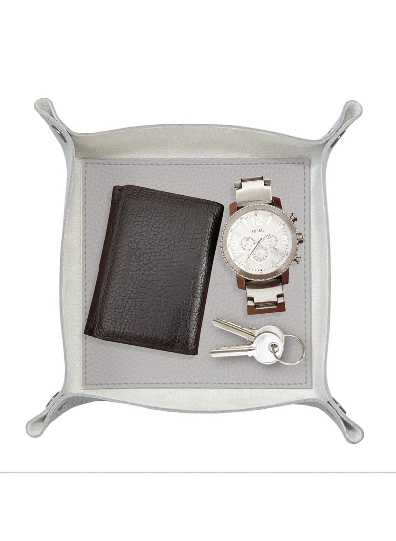 LeArt Leather Valet Tray - Small & Compact Catchall Tray | Desk, Bedside, Home Entrance Entryway Organizer | Leather Tray for Keys, Coins, Stationary, Jewellery (Stone Grey) - Image 1