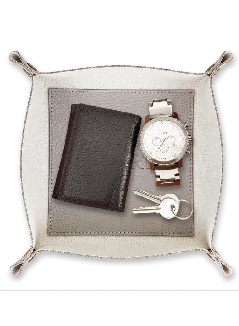LeArt Leather Valet Tray - Small & Compact Catchall Tray | Desk, Bedside, Home Entrance Entryway Organizer | Leather Tray for Keys, Coins, Stationary, Jewellery (Stone Grey) - Image 1