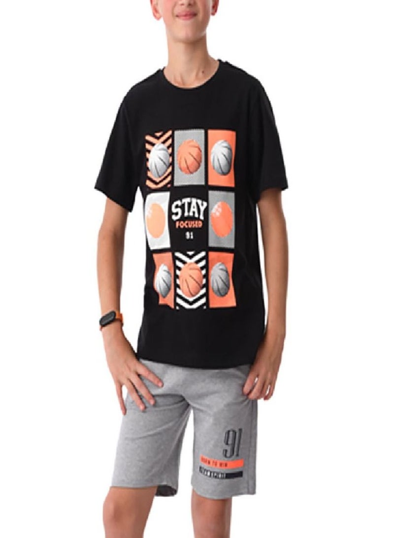 Urbasy Boys/Teens Printed Round Neck black T-Shirt With Grey solid Shorts set - Image 1