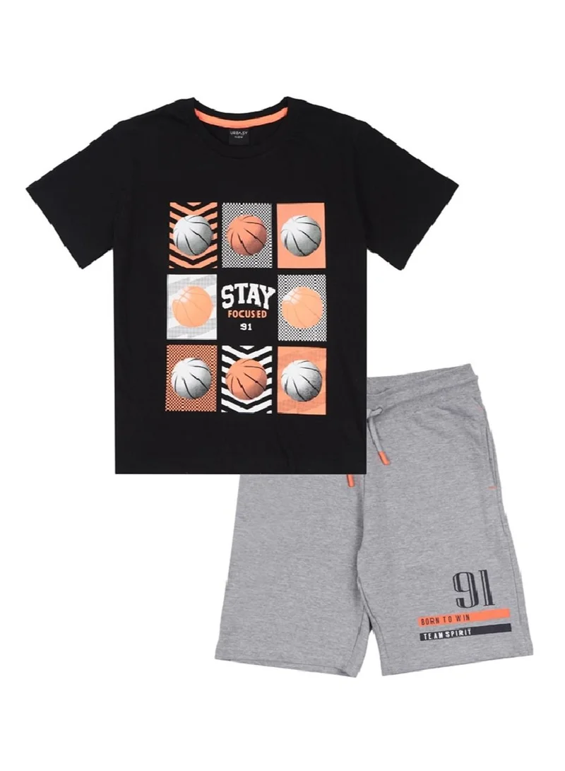 URBASY Urbasy Boys/Teens Printed Round Neck black T-Shirt With Grey solid Shorts set
